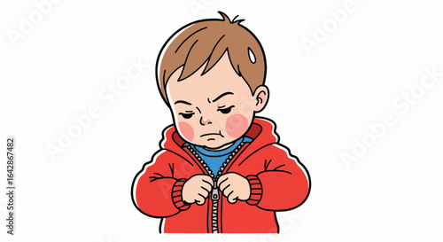 Frustrated toddler struggling to zip up his red jacket, showing defiance and independence with a grumpy expression