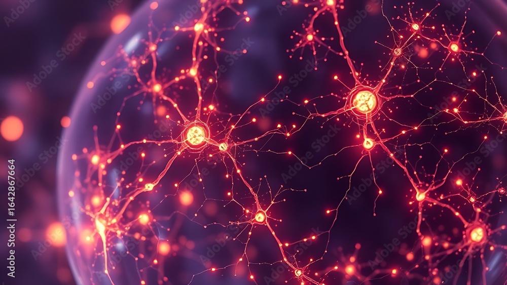 Fototapeta premium Microscopic neural networks forming glowing memory patterns within a translucent cell membrane.
