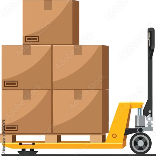 Yellow Pallet Jack Lifting Stack of Cardboard Boxes.