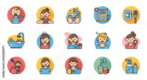 Whimsical icons capturing daily routines and self-care moments for children, from bath time to healthy eating and hygiene practices.