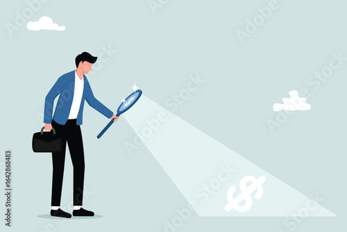 Searching for investment opportunity, stock market research or hidden cost and expense concept, businessman looking through magnifying glass to see dollar money sign search for money.