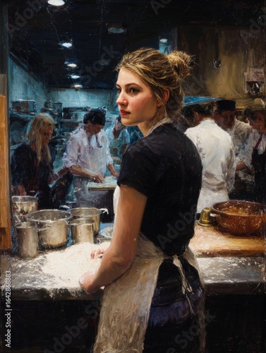 A chef in a bustling kitchen, flour on her apron