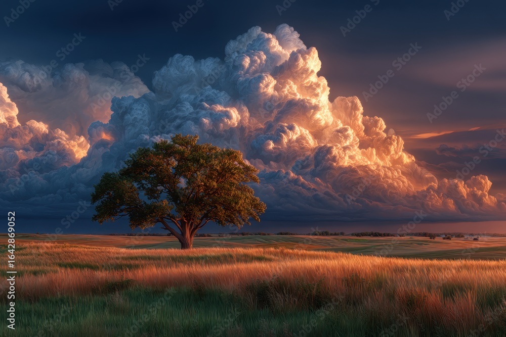Naklejka premium Dramatic Landscape with Tree and Golden Clouds at Sunset, PNG set with Transparent Background
