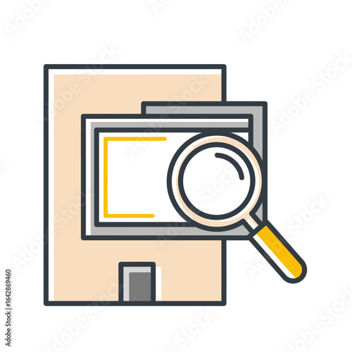 A curated art icon. Fusing a gallery, frame, and magnifier, it symbolizes appreciation, curation, and the beauty of details