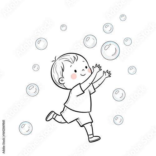 Joyful young boy gleefully chases shimmering bubbles in a whimsical outdoor scene, capturing pure childhood delight and carefree fun