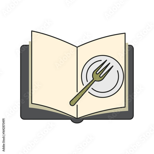 A menu selection icon. Fusing a book, plate, and fork, it symbolizes delicious choices, professional dining, and culinary experiences