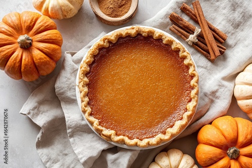 Delicious pumpkin pie surrounded by pumpkins and spices on a light fabric background