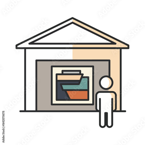A minimalist gallery icon. Fusing a building, abstract art, and a viewer, it symbolizes modern exhibitions, curated art, and t