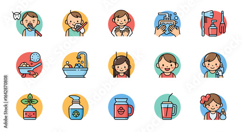 Adorable cartoon icons depict children practicing good hygiene and healthy habits, from brushing teeth to bathing and drinking healthy beverages