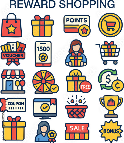 A colorful flat vector icon set representing shopping, promotions, loyalty programs, gift rewards, coupons, discounts, vouchers, bonus points, and special offers. Includes icons of gift boxes.