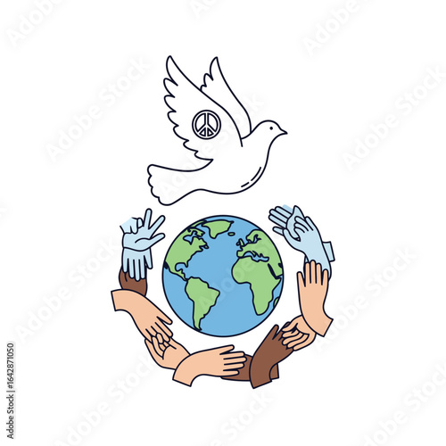 A peaceful unity icon. Fusing a globe, dove, and hands, it symbolizes acceptance, global harmony, and the universal bond of humanity