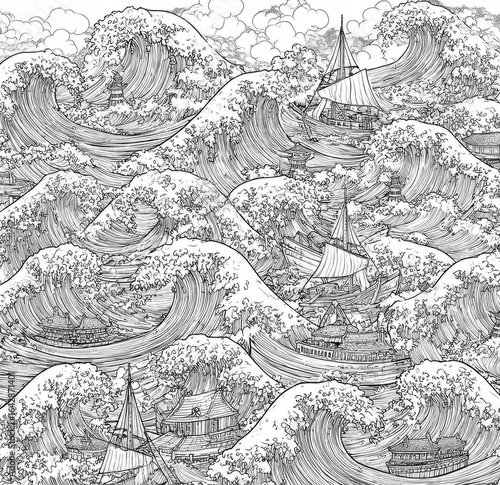 Black and white illustration of tumultuous waves and ships