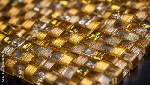 Close-up of golden, woven glass tiles