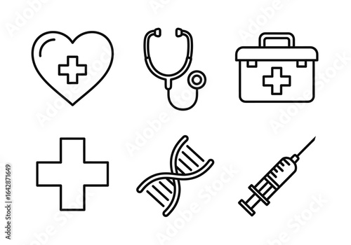 A set of six black outline icons representing healthcare: a heart, stethoscope, first aid kit, cross, DNA helix, and syringe.