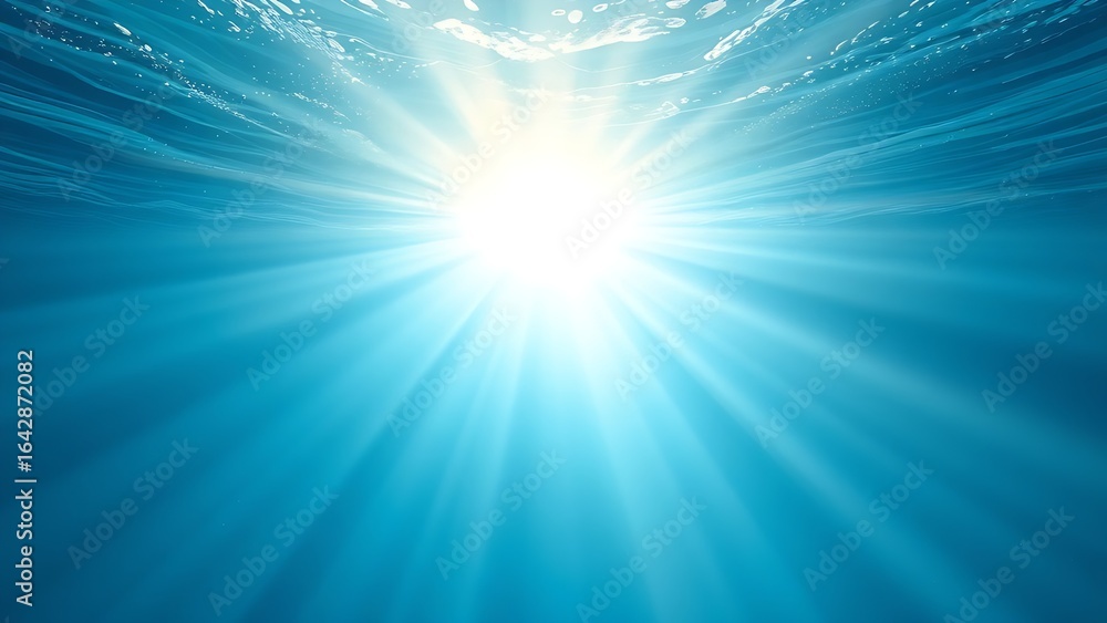 Obraz premium Sunlight streams through ocean waves, creating a mesmerizing play of light and shadow in deep blue waters.
