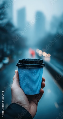A hand holds a light-blue disposable coffee cup on a rainy city street