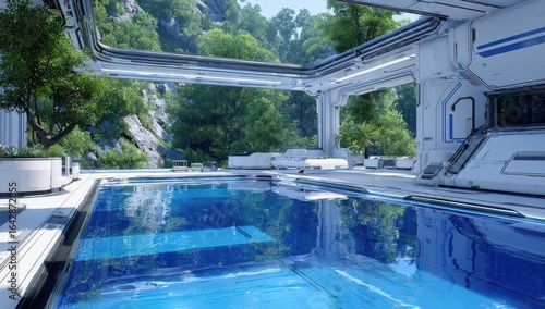 Futuristic, white structure with a pool, nestled in lush greenery