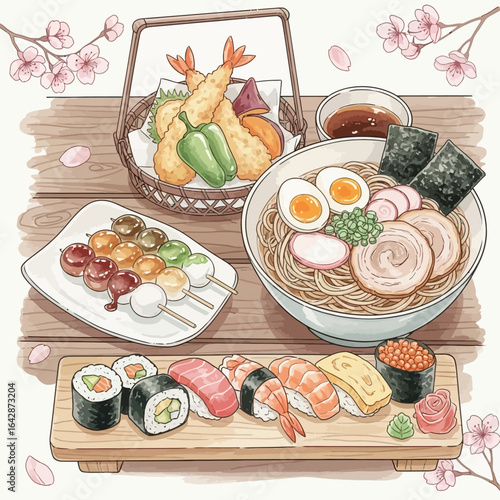 A Watercolor Illustration of Delicious Japanese Cuisine Ramen Sushi and More.