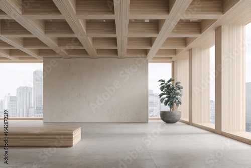 Light-filled modern space with wooden beams