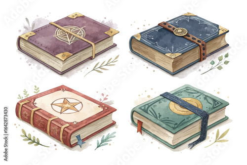 set of watercolor Spell Book vector illustration isolated on white background