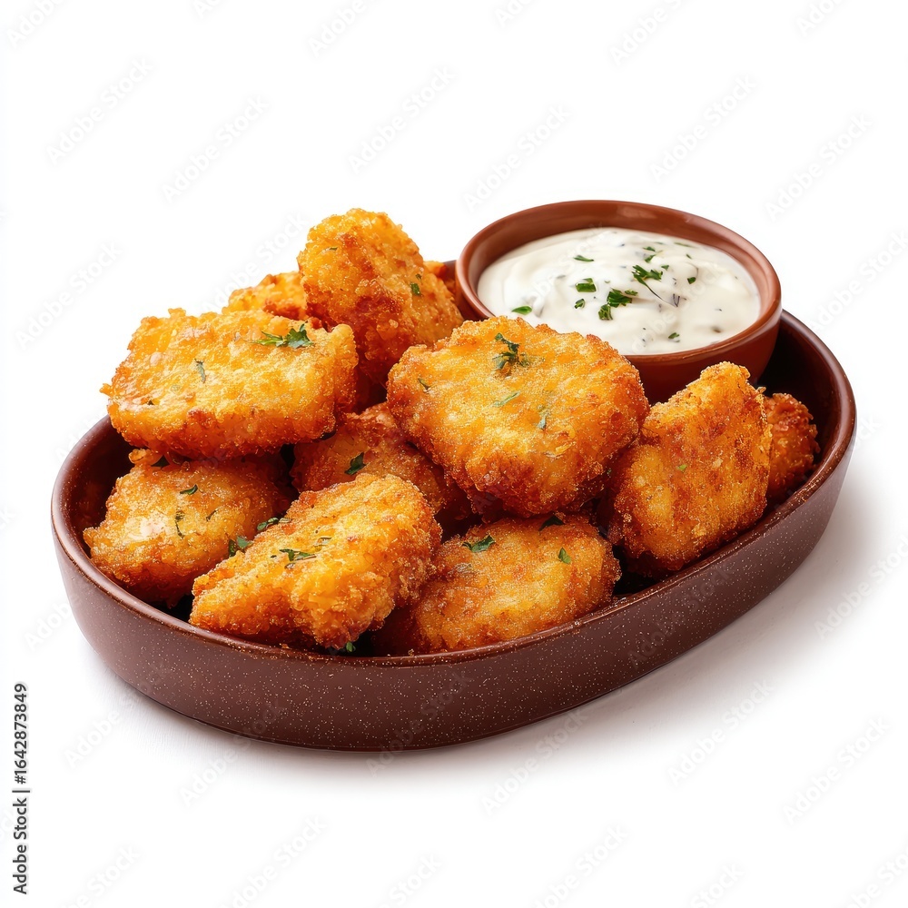 Crispy golden-brown bites, likely chicken, on a brown dish, served with dipping sauce Crispy golden-brown bites, likely chicken, on a brown dish, served with dipping sauce