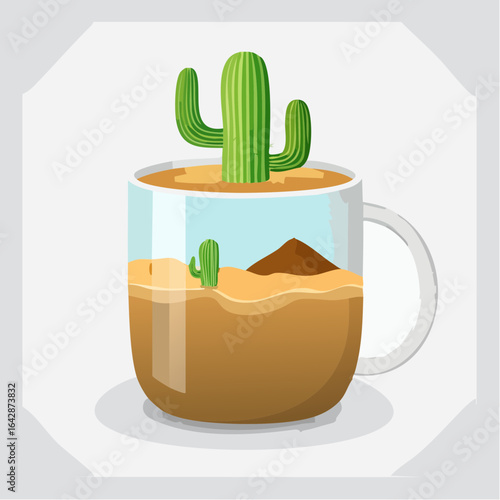 A vector of a desert scene with sand dunes and cactus inside a coffee mug.