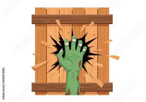 Zombie hand emerging from wooden crate, perfect for horrorthemed designs, halloween posters, spooky websites, and haunted house promotions.