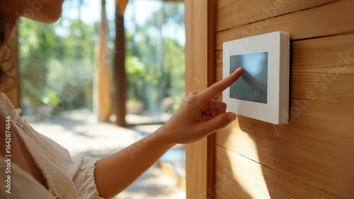 Smart home control panel touchscreen on wooden wall with modern thermostat adjusting temperature in bright cozy interior natural light