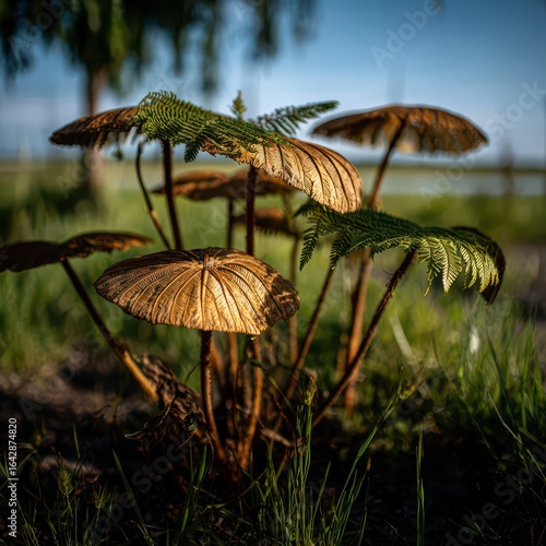 Dried, sunlit fungi cluster amidst greenery