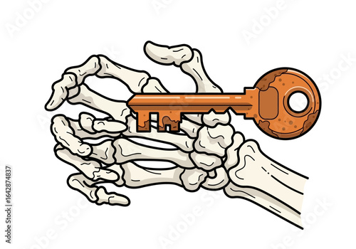 Skeleton hand grips golden key, eerie and symbolic image for theme of unlocking secrets, mystery, death, or halloween designs.