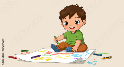 Joyful boy happily coloring on paper with crayons, unleashing his creative imagination in a vibrant artistic session