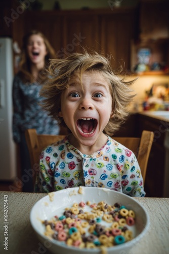 A child in pajamas laughing so hard milk squirts from their nose at a breakfast table