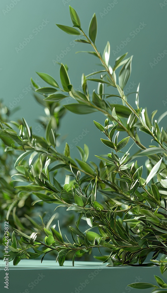 Fototapeta premium Lush green branches with vibrant leaves against soft green background