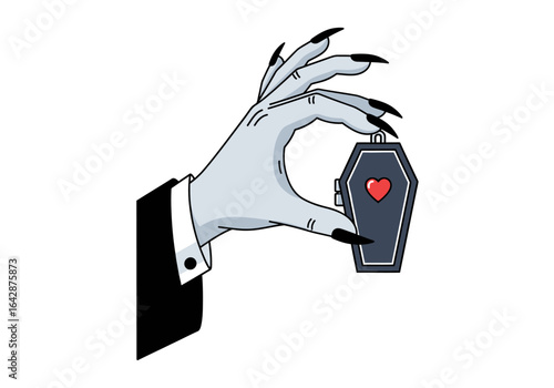 Vampire hand clutching coffin with heart symbol is perfect for halloween designs or gothicthemed projects seeking spooky and romantic elements.