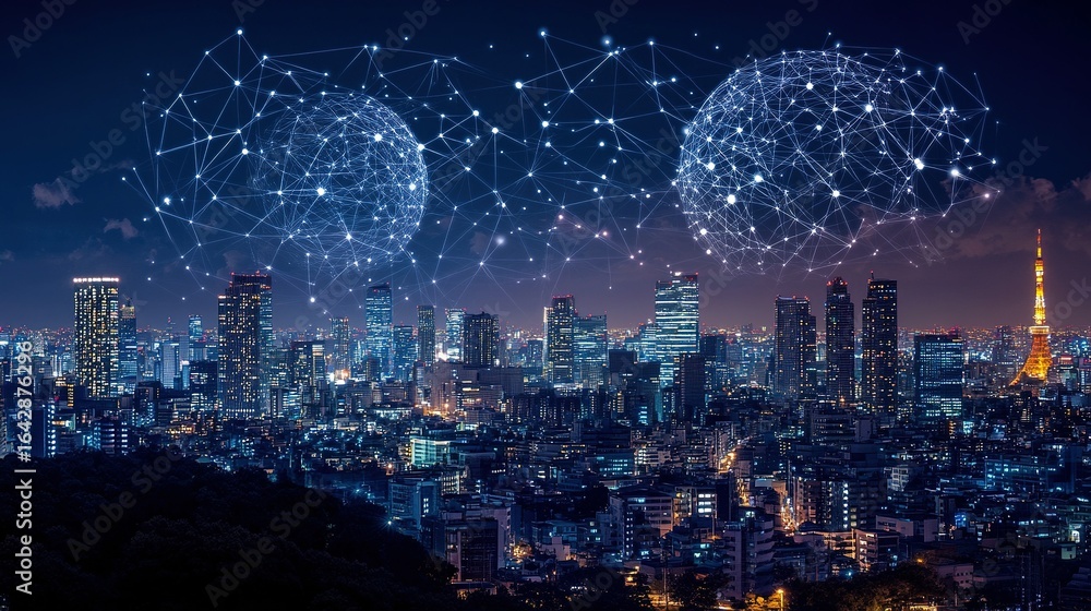 Obraz premium City skyline at night with fireworks in the sky above the buildings.