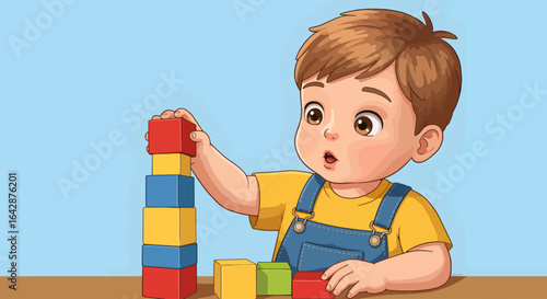 Curious toddler building a colorful block tower, learning and developing fine motor skills with joyful concentration and wide-eyed wonder