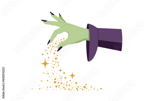 Magical witchs hand in green casting sparkles with purple sleeve. Ideal for halloween designs, festive invitations, mystical concepts and fantasy themes.