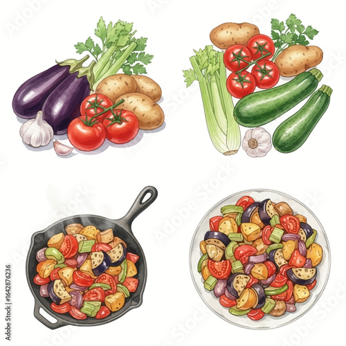 Watercolor Illustrations of Fresh Vegetables and Prepared Ratatouille Dishes.