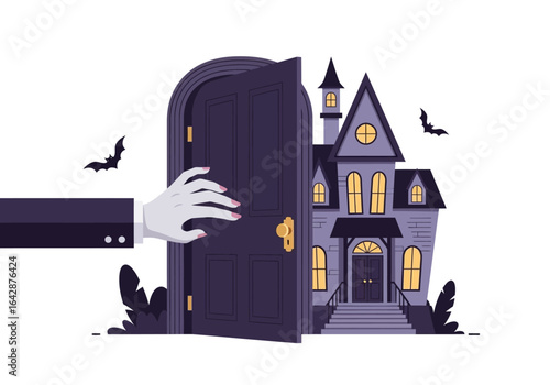 Spooky image of haunted house and ghostly hand, perfect for halloween designs, horror themes, ghost stories, and creepy house illustrations.