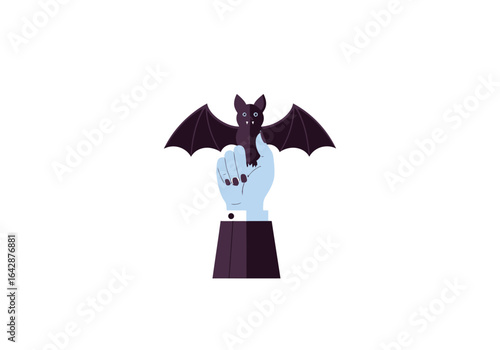 Hand holding dark bat on stand, white background. Spooky halloween concept. Creepy decorations for party invites, posters, social media.