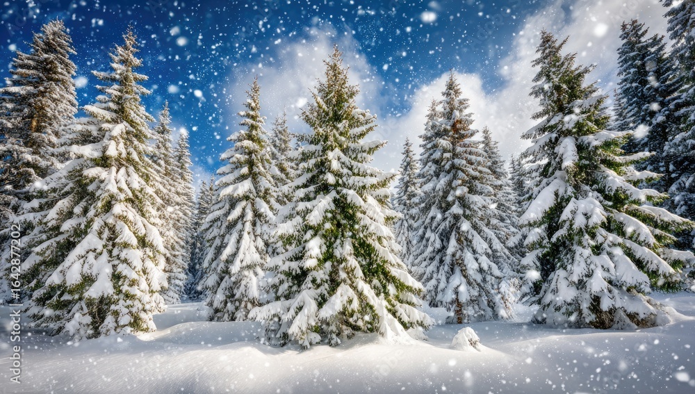 Fototapeta premium Snowy fir trees under a bright sky