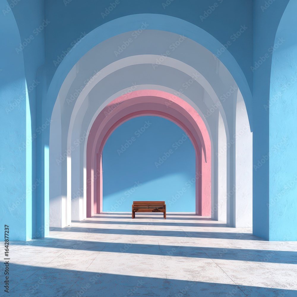 Fototapeta premium Pastel archway hallway with bench