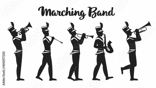 Silhouette marching band members playing instruments in uniform on a white background design element