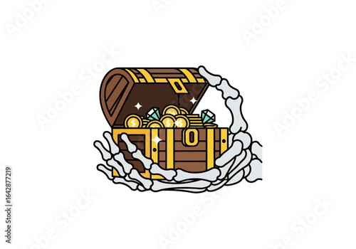 Skeleton hands hold a treasure chest filled with gold coins and jewels. Ideal for spooky, treasure hunt, and halloweenthemed designs.