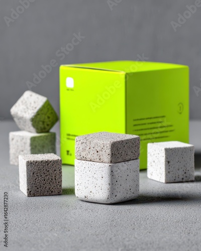 Lime-green box holds speckled, cube-shaped items