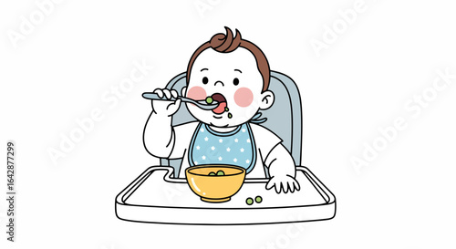 Adorable baby enthusiastically eats peas from a bowl while sitting in a high chair, messily enjoying mealtime with a bib