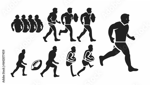 Black silhouettes of rugby players running and passing the ball in various stages of the game action sequence