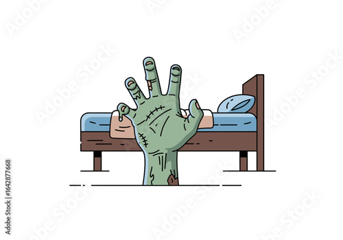 Zombie hand emerges from bed, perfect for halloween designs or horrorthemed projects, spooky scenes, haunted house decorations.