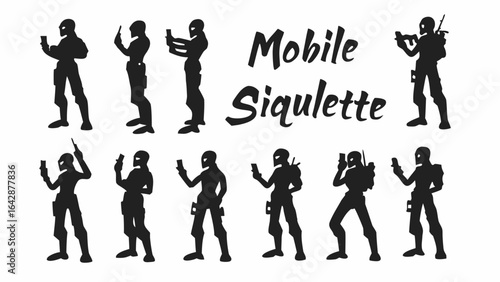 Collection of silhouetted figures holding mobile phones and weapons in various poses on a white background