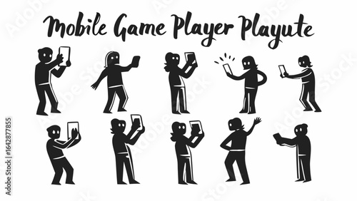 Illustration of ten cartoon people holding mobile devices in various poses against a white background